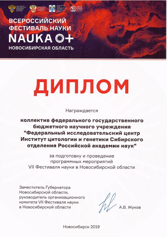 Диплом ИЦиГ СО РАН за подготовку и проведение программных мероприятий VII Фестиваля науки в Новосибирской области